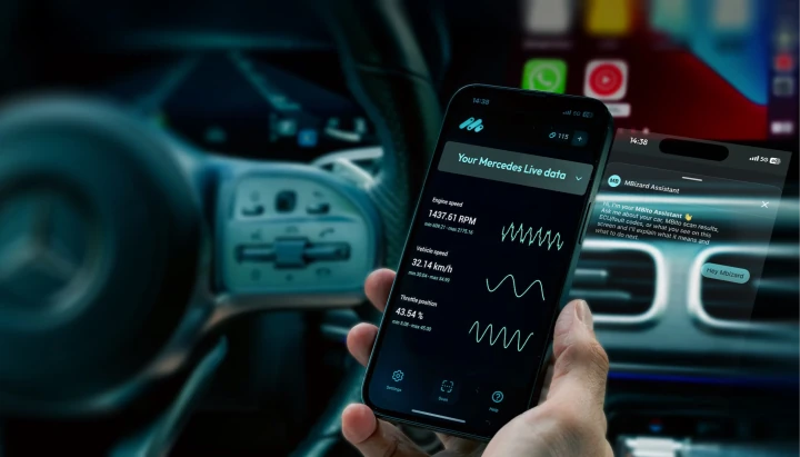 MBito app showing Mercedes live vehicle data on a phone.